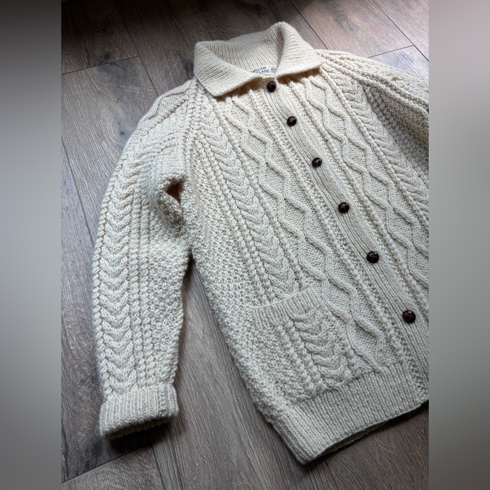 Macmillan of Scotland Cable Knit Wool Cardigan Sweater Large UK 42 Aran Unisex - Picture 6 of 16
